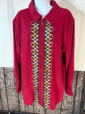 Bob Mackie Crimson Zip-Front Hoodie with Colorful Geometric Trim